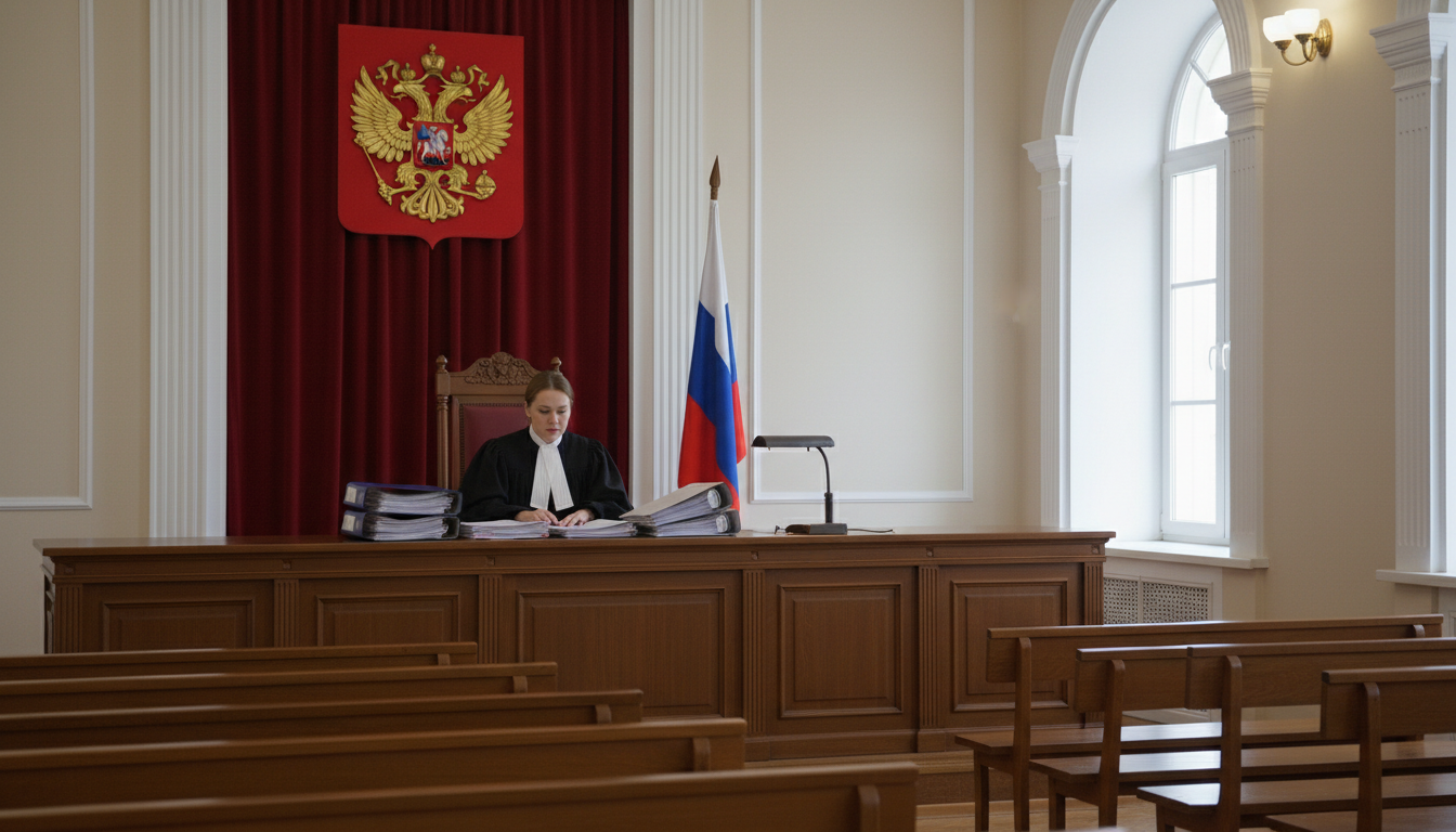 судебный зал, судья за столом, документы, серьёзная деловая обстановка, российская символика