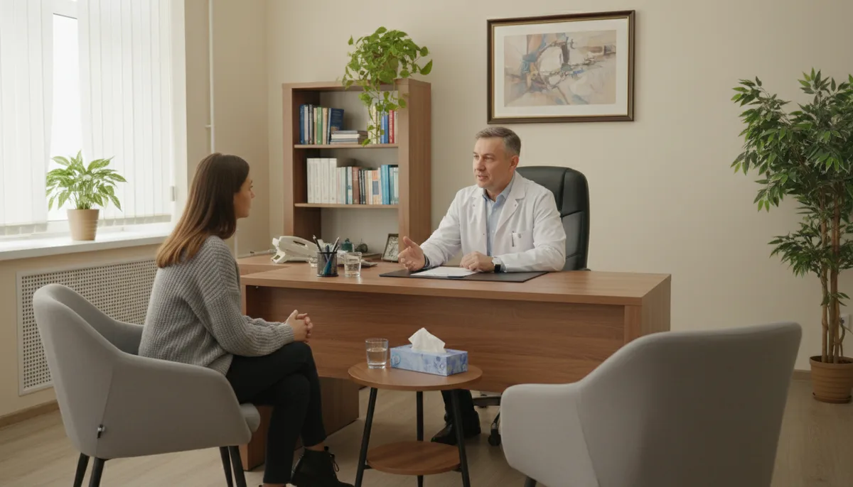 Врач-нарколог беседует с пациентом в кабинете, спокойная обстановка