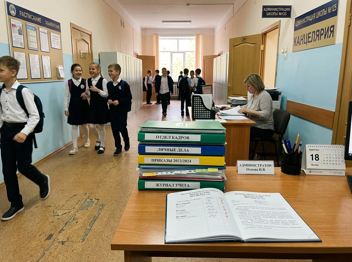 школьный коридор, стопка папок с документами на столе администратора, дневник ученика